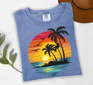 [SALE UP TO 40% ]  Comfort Colors Sunset Beach Shirt, Tropical Palm Tree Shirt, Summer Vacation Tee, Ocean Sunset Shirt, Coastal Aesthetic Shirt