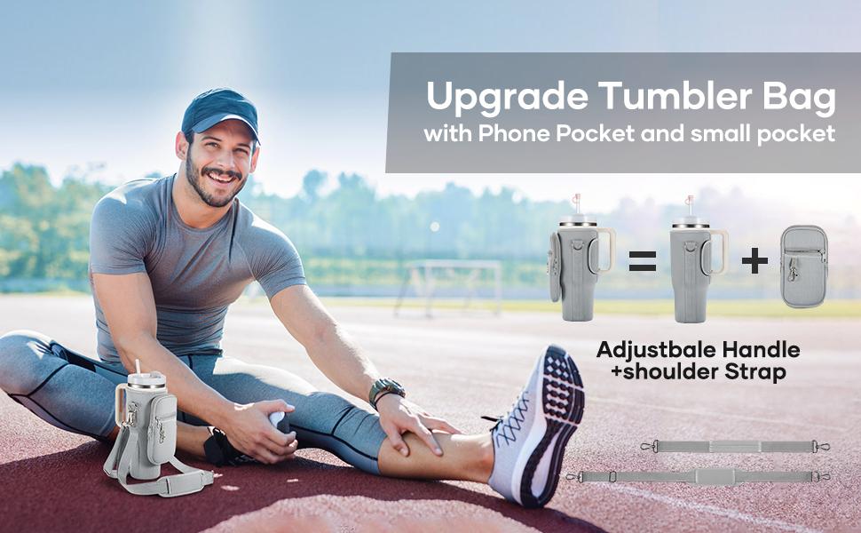 Water Bottle Carrier Bag for Stanley Quencher 40/30oz with Adjustable Shoulder & Hand Strap Phone Holder Pockets Neoprene Waterproof Shock-Absorbing Cup Drinkware