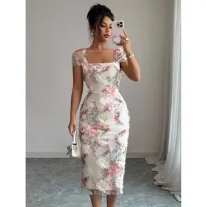 Women's Elegant Romantic Mesh Floral Print Ruched Waist Mid-Length Dress, Suitable For Wedding, Party, Date, Shopping And Other Occasions, Spring/Summer