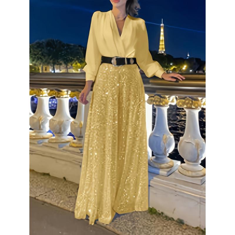 [Glamorous Emerald Dress] Elegant Emerald Green Sequined V-Neck Maxi Dress - A-Line Evening Gown for Women, Polyester Spandex Blend, Long Sleeve, Perfect for Spring & Fall, Glamorous Parisian Style, Fall Clothing | Aline Silhouette