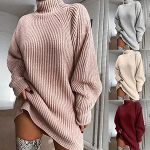 SERENZY- Solid Turtleneck Long Sweater Winter Warm Women Sweater Dress