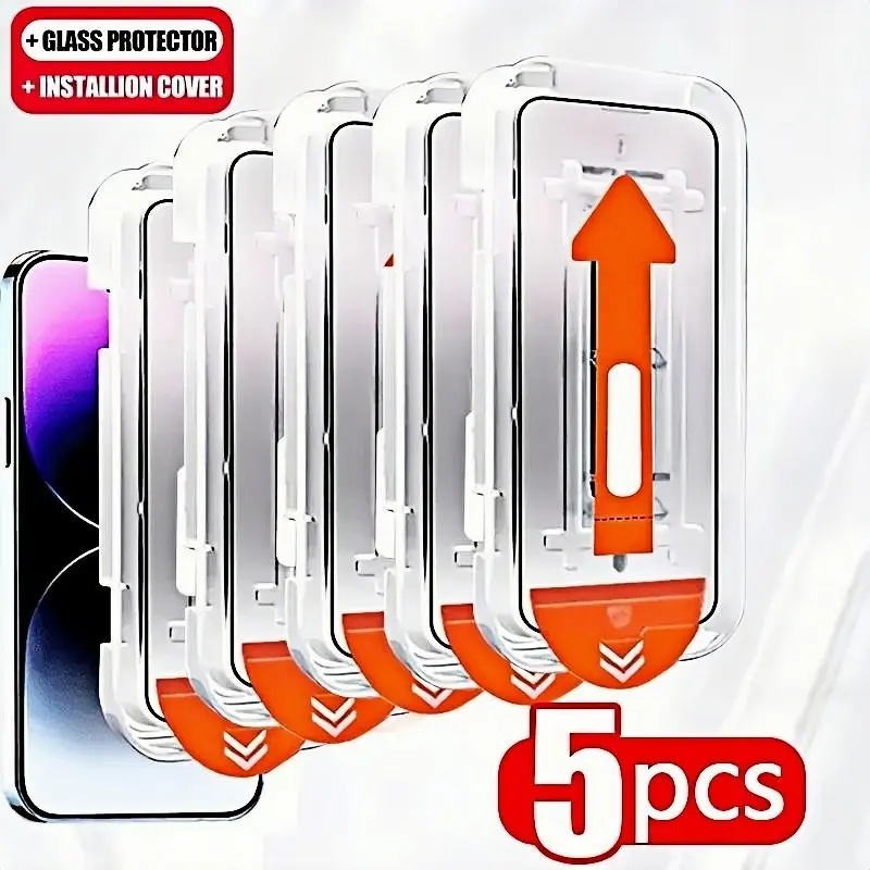 5 Pack Ultra HD Tempered Glass Protective Screen Protector for iPhone 17 Pro Max/16 Pro Max/16/15/14/13/12/11/Plus/Mini/XS Max/XR/X, One-Click Film Applicator, 9H+ Tempered Glass Film, Anti-Fingerprint, Full Coverage, Case Friendly, Accessories