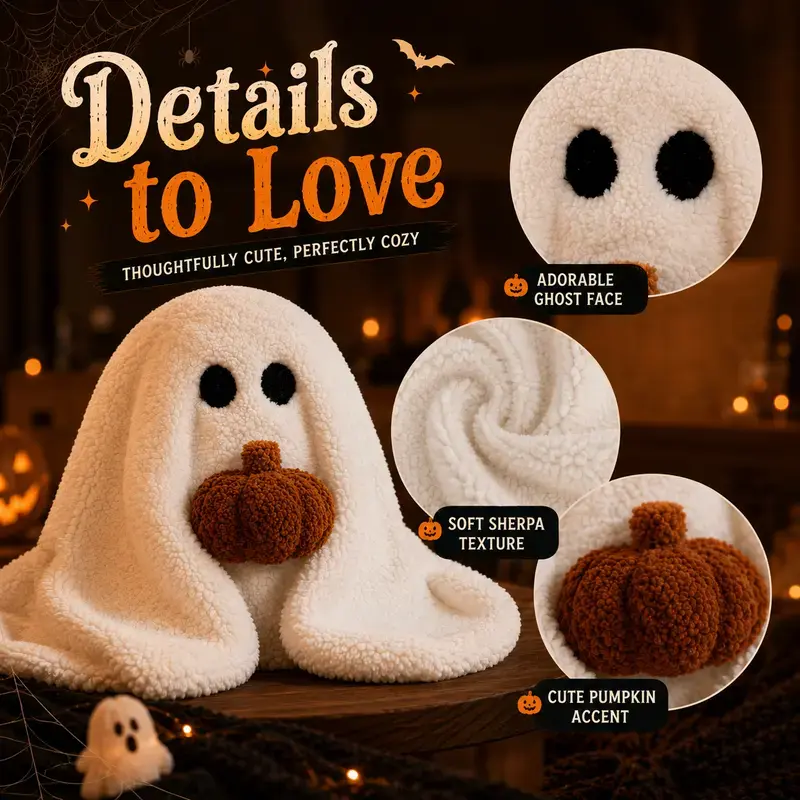 Unisex 11-in Soft-Stuffed Ghost Plush Pillow with Pumpkin, Plush Fabric Cover, Cute Halloween Stuff, Halloween Decorations, Home Decor for Couch/Bed, Festive Fall Kids Gift