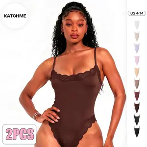 KatchMe Lace Series Women's Spaghetti Strap Lace Trim Breathable Bodysuit, Minimalist Chic Sleeveless Bodysuit, Seamless Fitted Plain Lightweight Bodysuits