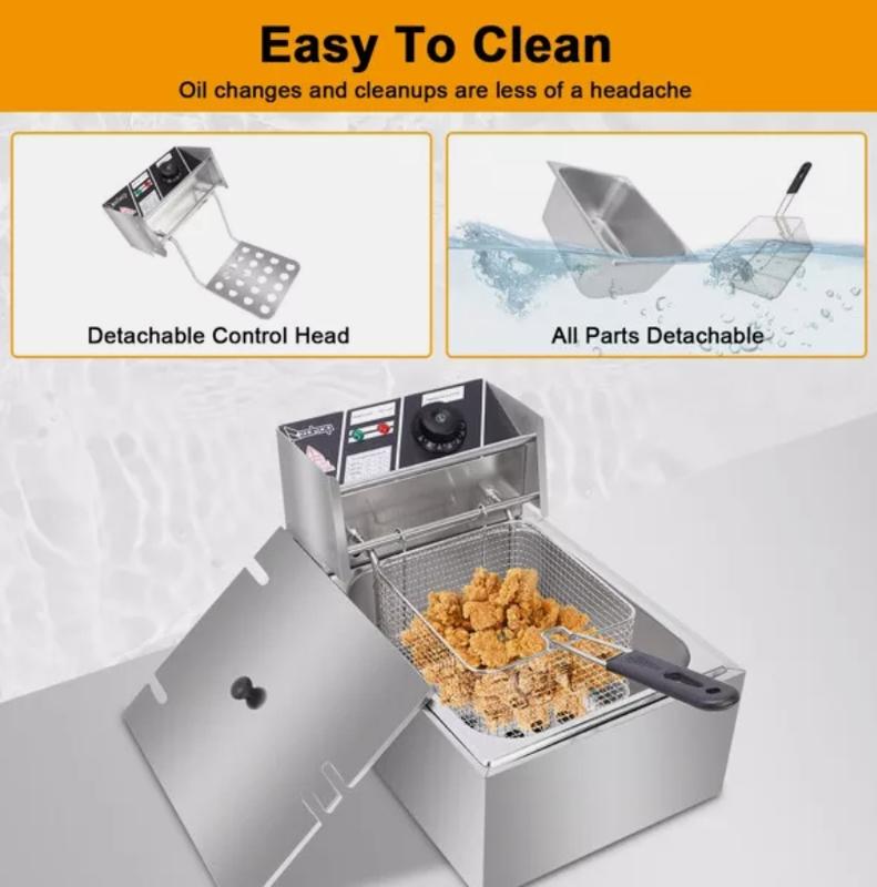 10QT Capacity Electric Deep Fryer with Baskets & Lids 10L Countertop Stainless Steel Temperature Control Frying Machine for Home Commercial 2500W 60Hz 110V Adjustable 140F-392F Easy to Clean