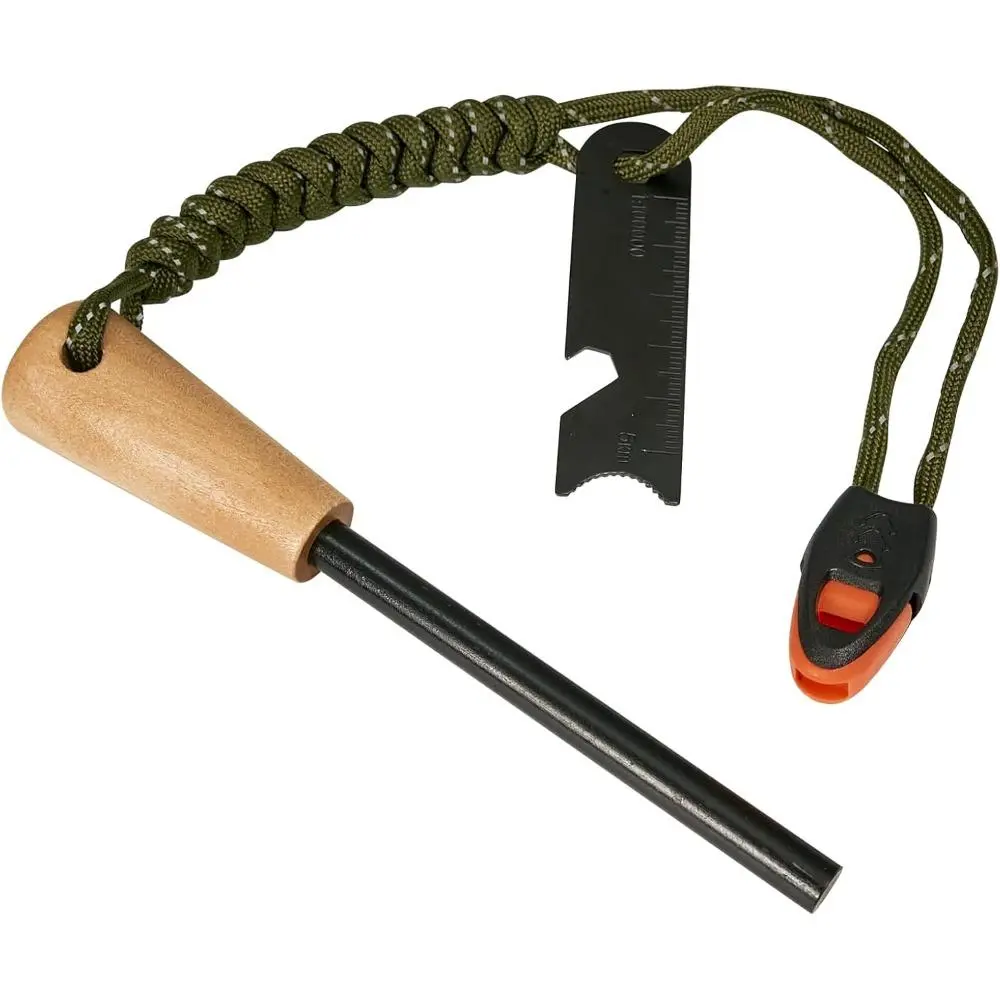 Ferro Rod Fire Starter with Wooden Handle, Weather-Proof Survival Supplies for Bushcraft & Camping, 5/16" Ferrocerium Rod with 12000 Strikes, Includes Multi-Tool Striker & Reflective Paracord Lanyard, High Temp Spark, Edc, Kayaking