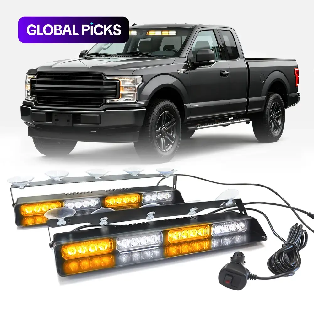 32 LED White Amber Emergency Dash Strobe Lights with Controller and Suction Cups, Warning Hazard Interior Front/Rear Windshield Deck Split Light Bar for Truck Construction Vehicles #GLOBAL PICKS