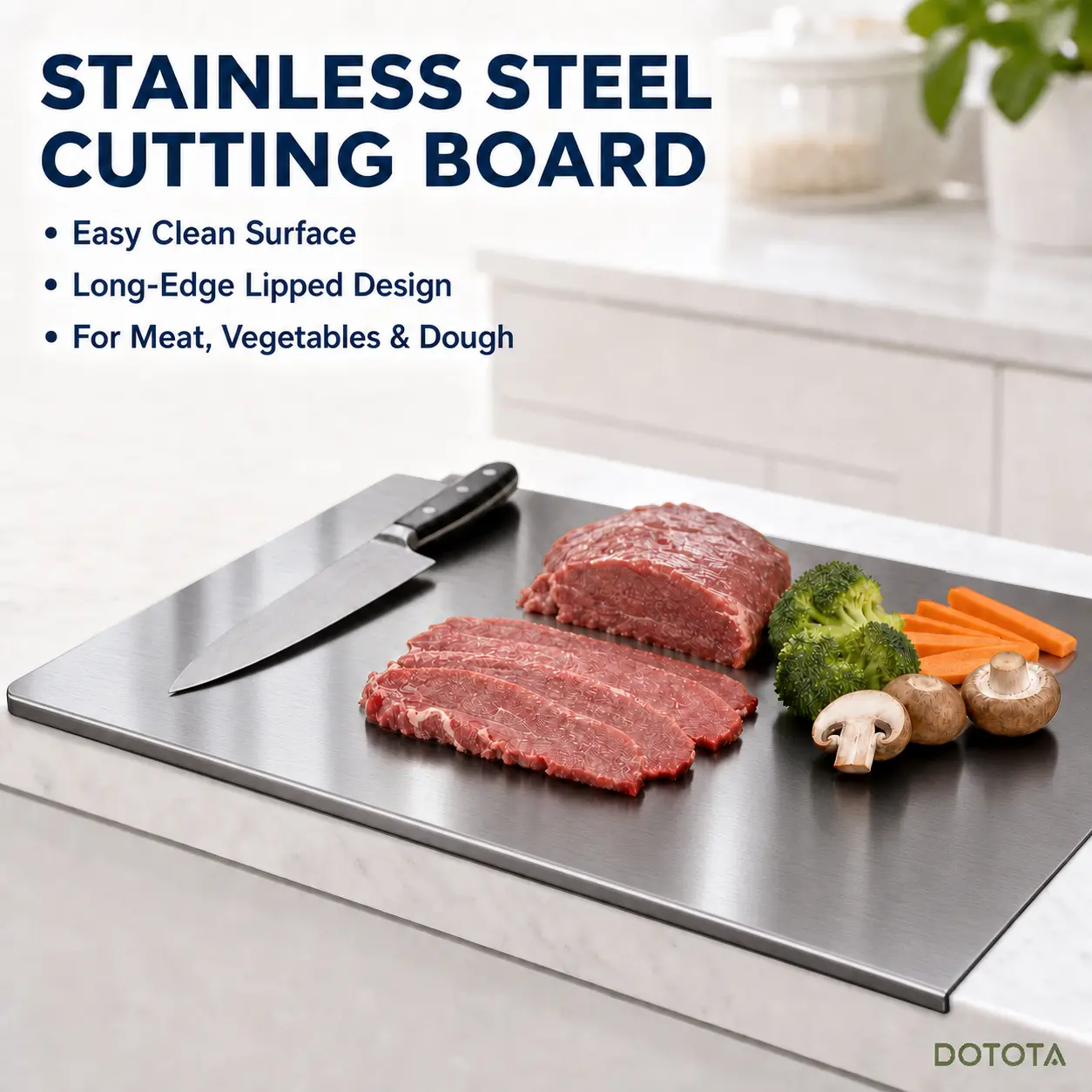 DOTOTA Stainless Steel Cutting Board with Counter Lip, 15.7 x 11.8 in Kitchen Prep & Dough Kneading Board for Meat, Fruit, Vegetables and Baking, Brushed Metal Surface, 40 x 30 cm