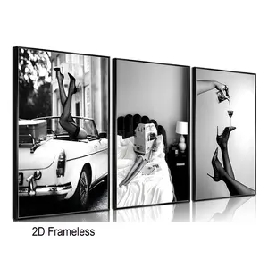 Set of 3: Stylish women’s bedtime reading-themed wall art, featuring a high-heeled shoe and vintage car poster, a black-and-white feminist vintage canvas print, and a bar cart for living room wall decor; 2D flat, frameless canvas posters