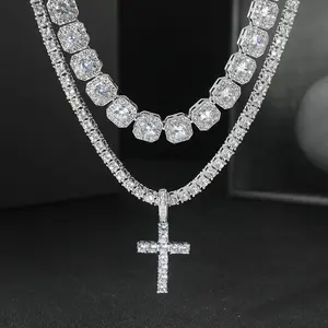 Unisex 2-Piece Hip Hop Jewelry Set - Cross Pendant, 10mm Cluster Zirconia Tennis Chain Necklaces, Icy Sparkling Crystal Hip Hop Necklaces for Fashion Enthusiasts