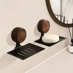 Suction Cup Walnut-Colored Soap Dish - a Wall-Mounted Soap Holder with Drainage That Doesn'T Require Drilling, Featuring a Modern Rectangular Design Suitable for Showers, Bathrooms, And Home Use, with a Metallic Feel And Easy Installation