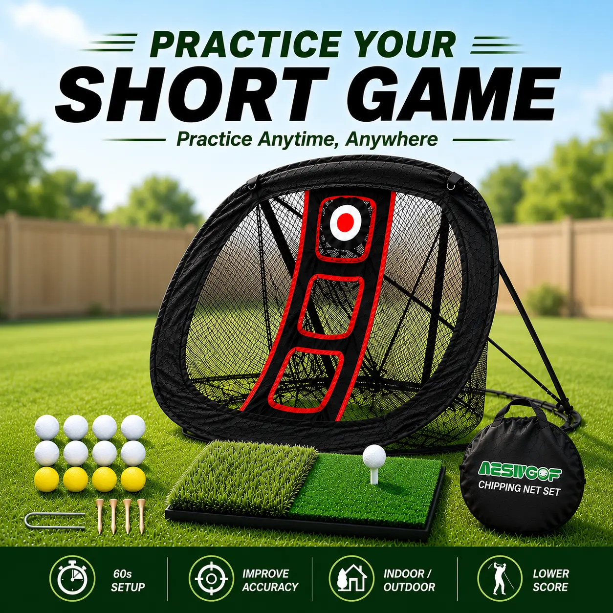 Golf Chipping Net Set with Dual Turf Mat, 12 Practice Balls & Carry Bag | Backyard Golf Training Aid