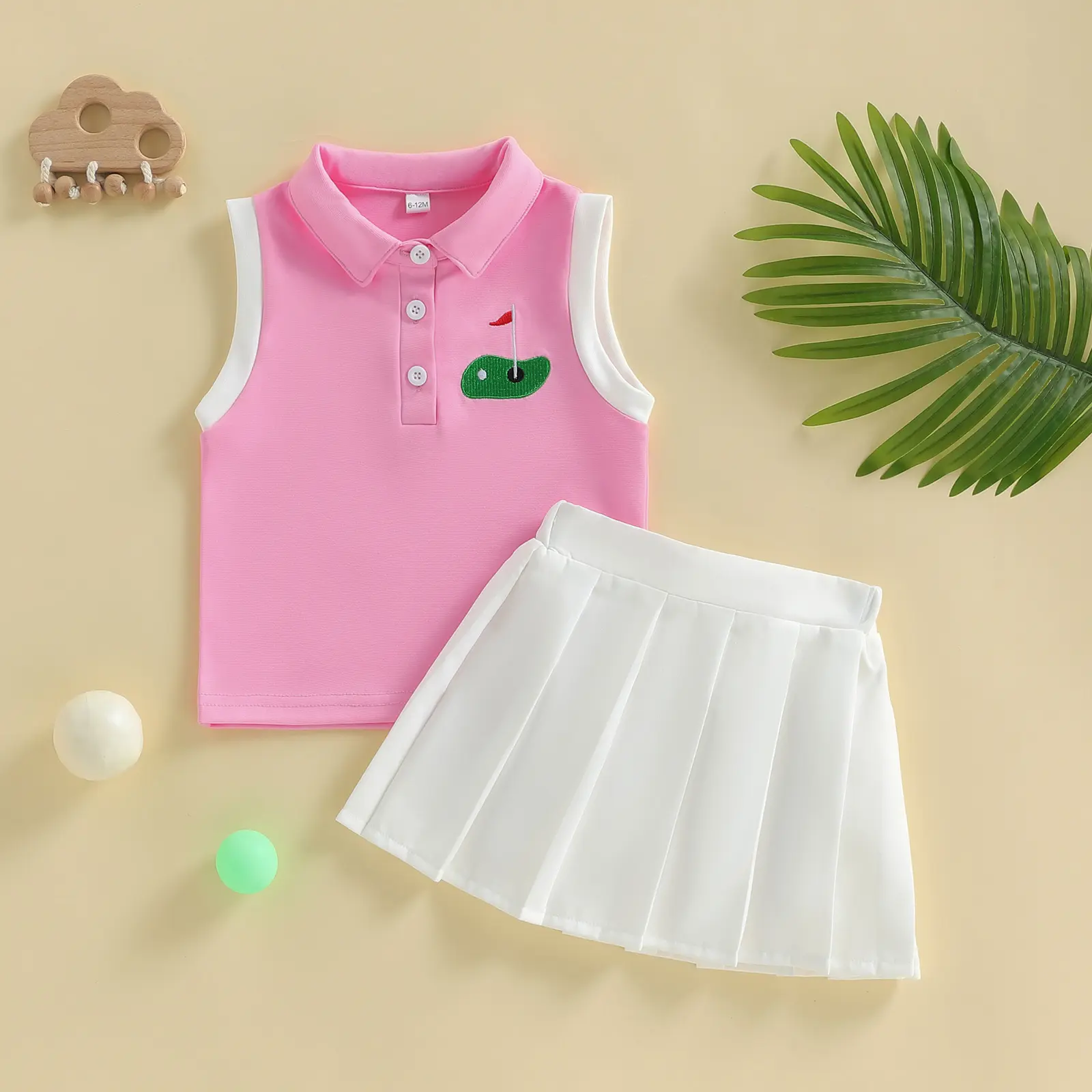 Toddler Baby girl Golf Outfit Sleeveless Collared Golfing Theme Embroidery Tank Top Pleated Skirts Set Summer Clothes