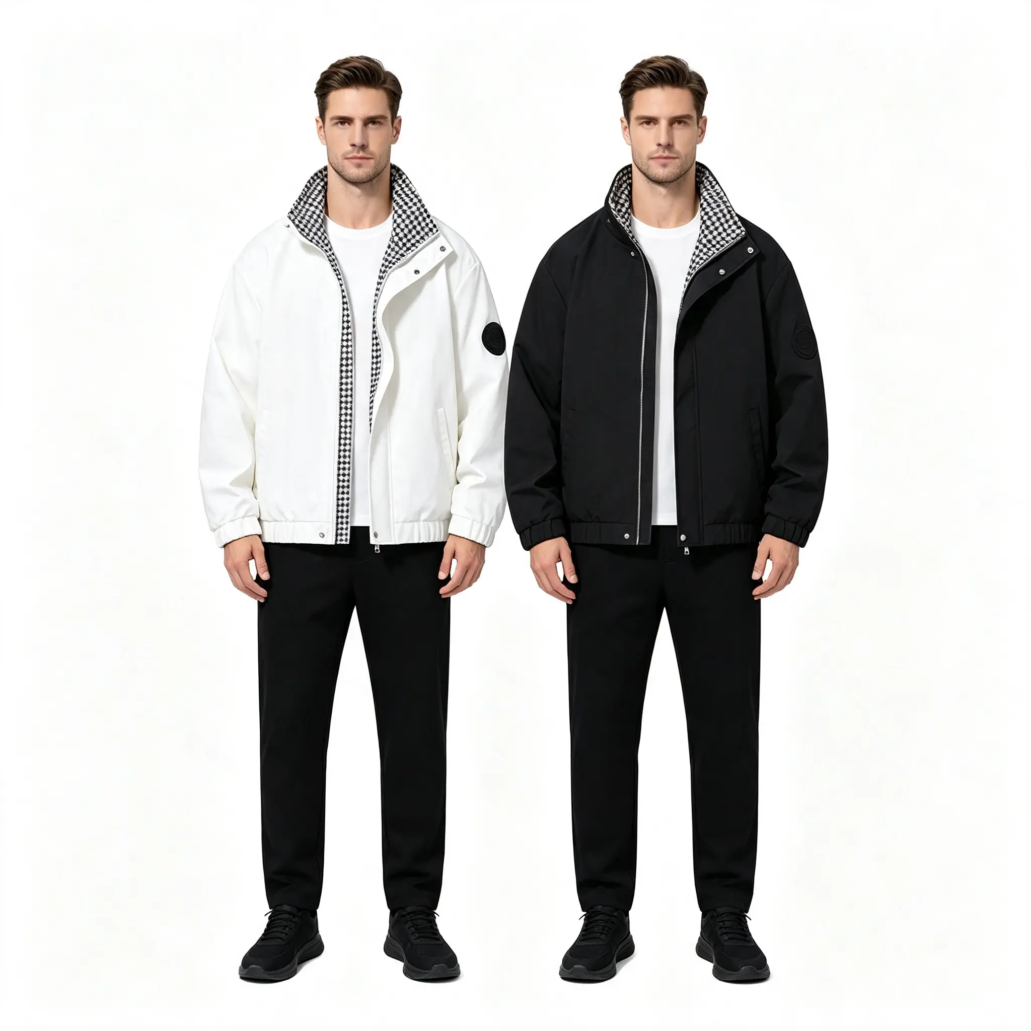 Men’s 2-Tone Windproof Full-Zip Stand Collar Jacket - Classic Houndstooth Lining, Lightweight Casual Street Style Outerwear for Spring, Autumn