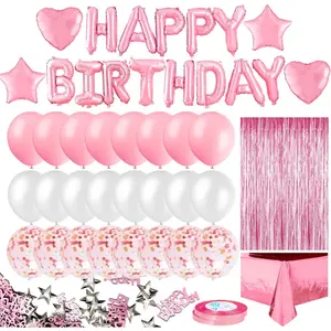 Pink Birthday Party Decorations-Happy Birthday Banner, Rose Gold Fringe Curtain, Foil Tablecloth, Heart Star Foil Confetti Balloons, 10g Table Confetti for Women & Girls Birthday Party