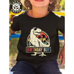 Boys' Birthday Dinosaur T-Rex Matching Family Tee - Soft, Breathable Cotton Short Sleeve Shirt for Youngsters, Black with Colorful "Birthday Boy" Graphic, Fun Summer Outfit
