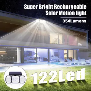122 LED Solar Motion Sensor Outdoor Floodlight, 3-Head Security Light with Remote Control, IP64 Waterproof Adjustable Solar-Powered Wall Lamp for Garden, Garage, Driveway solar outdoor lights