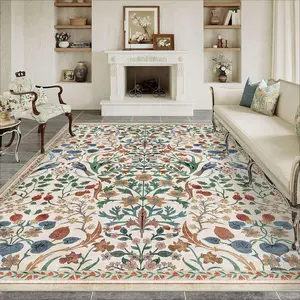 Bohemian Vintage Floral Plant Print Carpet, Large Area Rug, Vintage Boho Rug for Living Room Bedroom, Washable Non-Slip Plush Mat, Home Decor