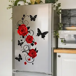 1 Set Rose and Butterfly PVC Stickers, 11. 8x23. 2 inches, Red Floral and Black Wing Designs, Removable Self-Adhesive Decals for Refrigerator, Bedroom, Bathroom, Glass Door, and Window Decorations, Fridge Magnets, Perfect for Room Decor