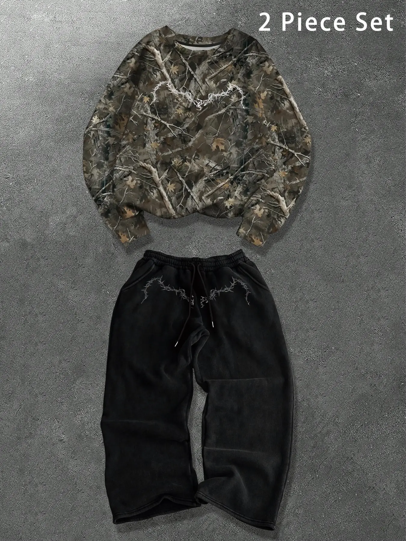 TikMen Urban Retro Graphic Long Sleeve Sweatshirt and Sweatpants Set, Camo Set, Loose-Fitting Casual Style for Fall & Winter, Ideal for Outdoor Activities, Sweatshirt Sets, Sweatsuit Set, Outfit