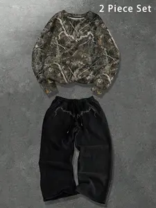 TikMen Urban Retro Graphic Long Sleeve Sweatshirt and Sweatpants Set, Loose-Fitting Casual Style for Fall & Winter, Ideal for Outdoor Activities, Outfit