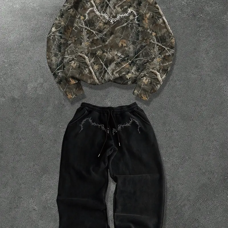 TikMen Urban Retro Graphic Long Sleeve Sweatshirt and Sweatpants Set, Camo Set, Loose-Fitting Casual Style for Fall & Winter, Ideal for Outdoor Activities, Sweatshirt Sets, Sweatsuit Set, Outfit