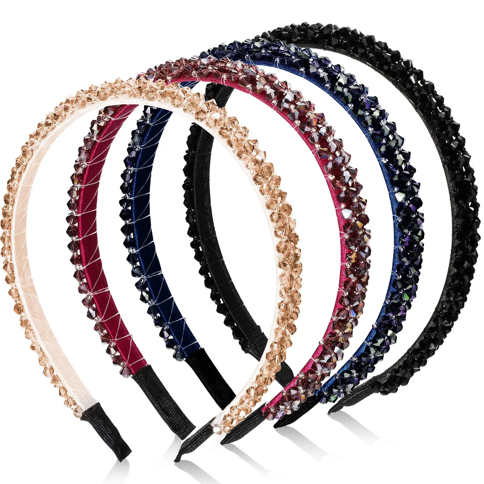 Crystal Rhinestone Beaded Headbands - 4 Pieces Shiny Non-slip Bling Hair Accessories For Women And (purple  Black Champagne Navy Blue 1.2 Cm/ 0.5 Inch)