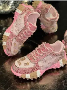 Women's Letter Print Comfortable Thick Sole Diamond Embellished Shoes, Casual Streetwear Athletic Sneakers, All-Season Low Top Design