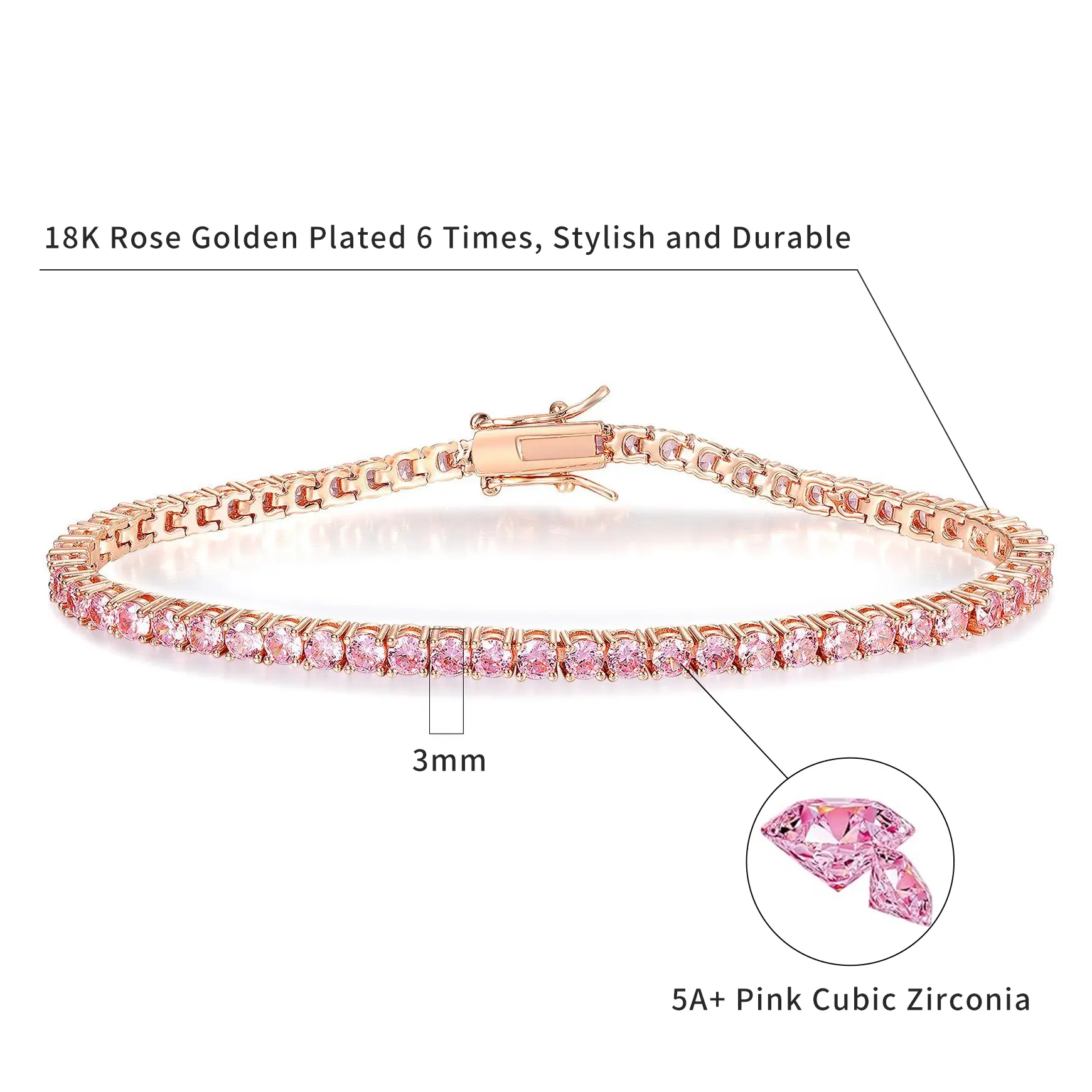 GEMSME 3MM Round Cut Cubic Zirconia Waterproof Pink Hypoallergenic Tennis Bracelet for Sensitive Skin Classic Couple Gift Hiphop ATS59996-R Adjustable Minimalist Bangle