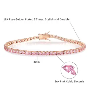 GEMSME 3MM Round Cut Cubic Zirconia Waterproof Pink Hypoallergenic Tennis Bracelet for Sensitive Skin Classic Couple Gift Hiphop ATS59996-R
