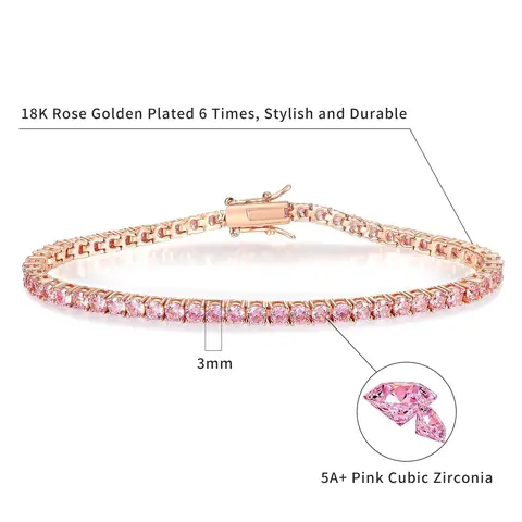 GEMSME 3MM Round Cut Cubic Zirconia Bracelet - Rose Gold Plating, Hypoallergenic for Sensitive Skin, Adjustable Minimalist Bangle, Unisex Luxe Look, Bling Effect, Cubic Zirconia Bands, Bracelet Stacking, Birthday-Ready Sparkle, Anniversary Gift ATS59996-R