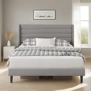 Queen Bed Frame Upholstered Platform Bed with Fabric Headboard, Wing Edge Design/Non-Slip and Noise-Free/Wooden Slats Support/No Box Spring Needed/Easy Assembly