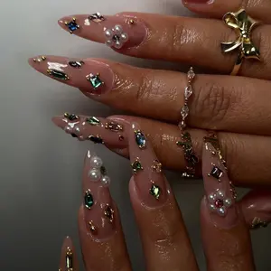 Luxury Press On Nails with Gems and Pearls, Long Stiletto Crystal Nail Set, Glam Rhinestone Fake Nails, Luxury Nail Art Set for Party, Prom