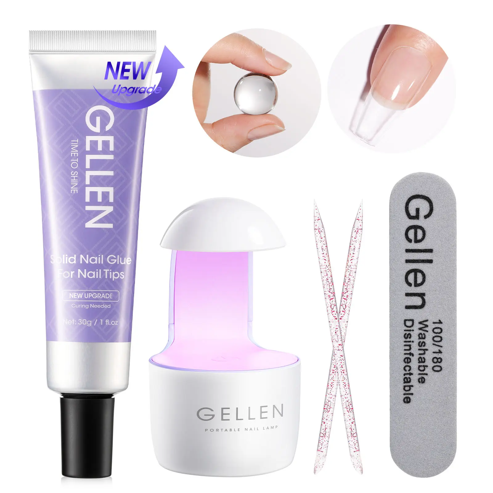 Gellen 30g Solid Nail Glue Gel for Press On Nails, UV Light for Fake Nails, Buffer, Strong Adhesive for Acrylic Nail Tips