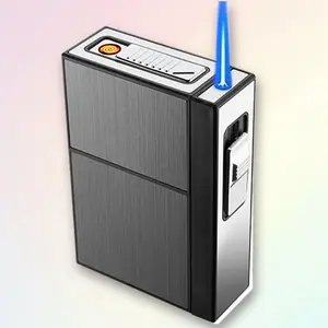 Cigarette Case with Lighter, Butane Flashlight Lighter, USB Rechargeable Lighter, 2-in-1, Cigarette Case Holder Suitable for 20 84mm Extra Large (Black)
