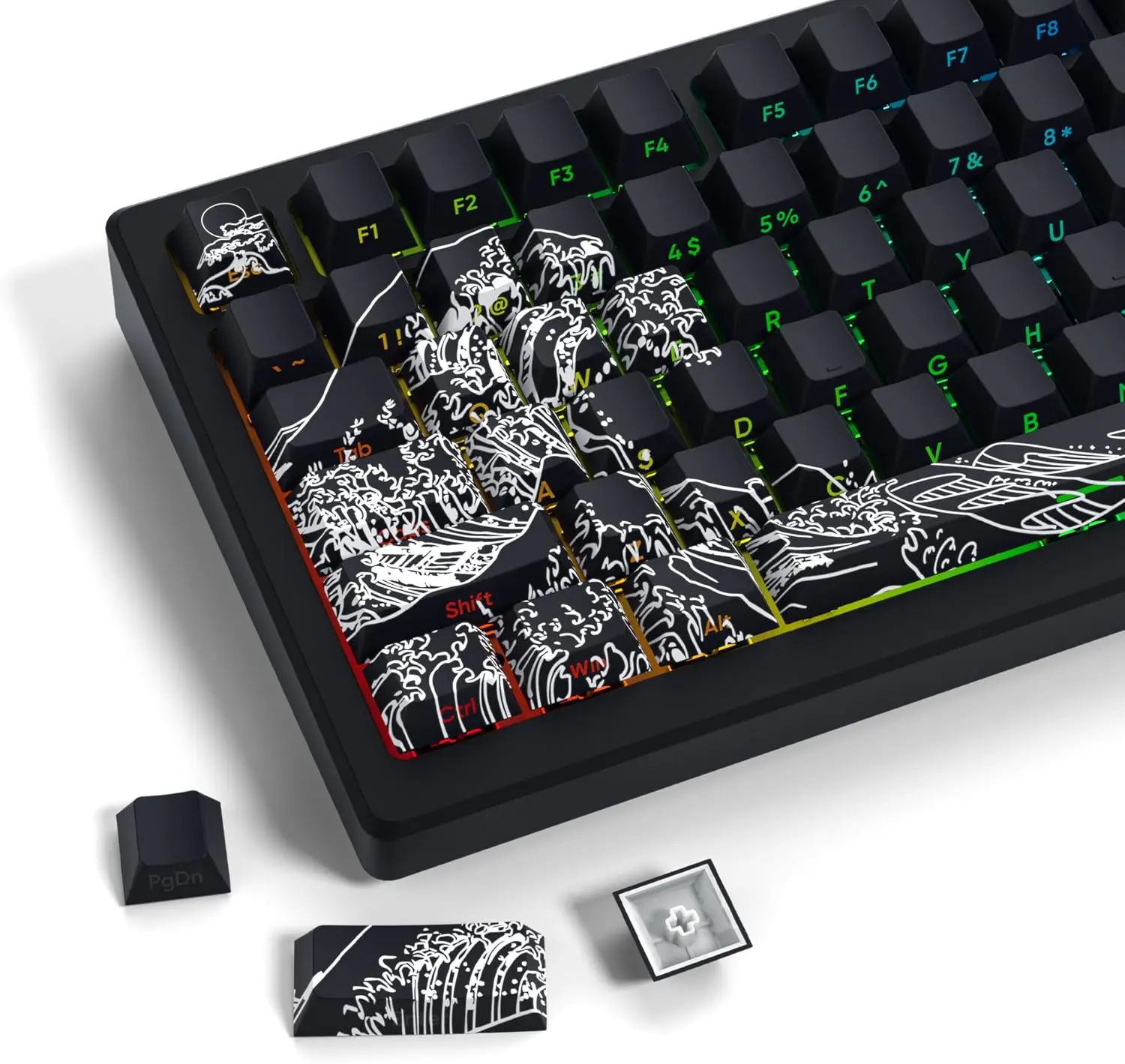 XVX Shine Through Keycaps - Double Shot PBT Keycaps 60 65 75 100 Percent, Side Print Key caps Custom 131  Set, Dye Sub Wave of Kanagawa Key caps for Mechanical Keyboards