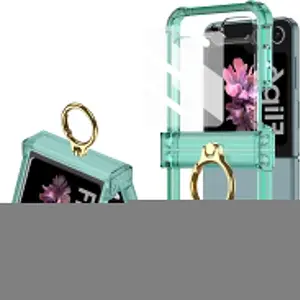 for Samsung Galaxy Z Flip 6 Clear Case Luxury Hinge Protection with Ring Holder & Screen Protector Soft All-Inclusive Shockproof Cover (Green)