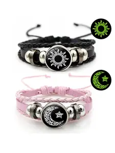 Night Glow Moon Sun Matching Bracelets, Punk Woven Leather Couples Gift Set, Adjustable His & Hers, Casual Style, All Seasons, Bracelet Sets