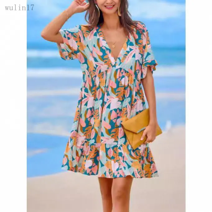 Women's Bohemian Tropical Flower Pattern 1 Short-Sleeve Loose-Fit V-Neck Ruffled Mini Dress - Lady's Summer Beach Casual Clothes
