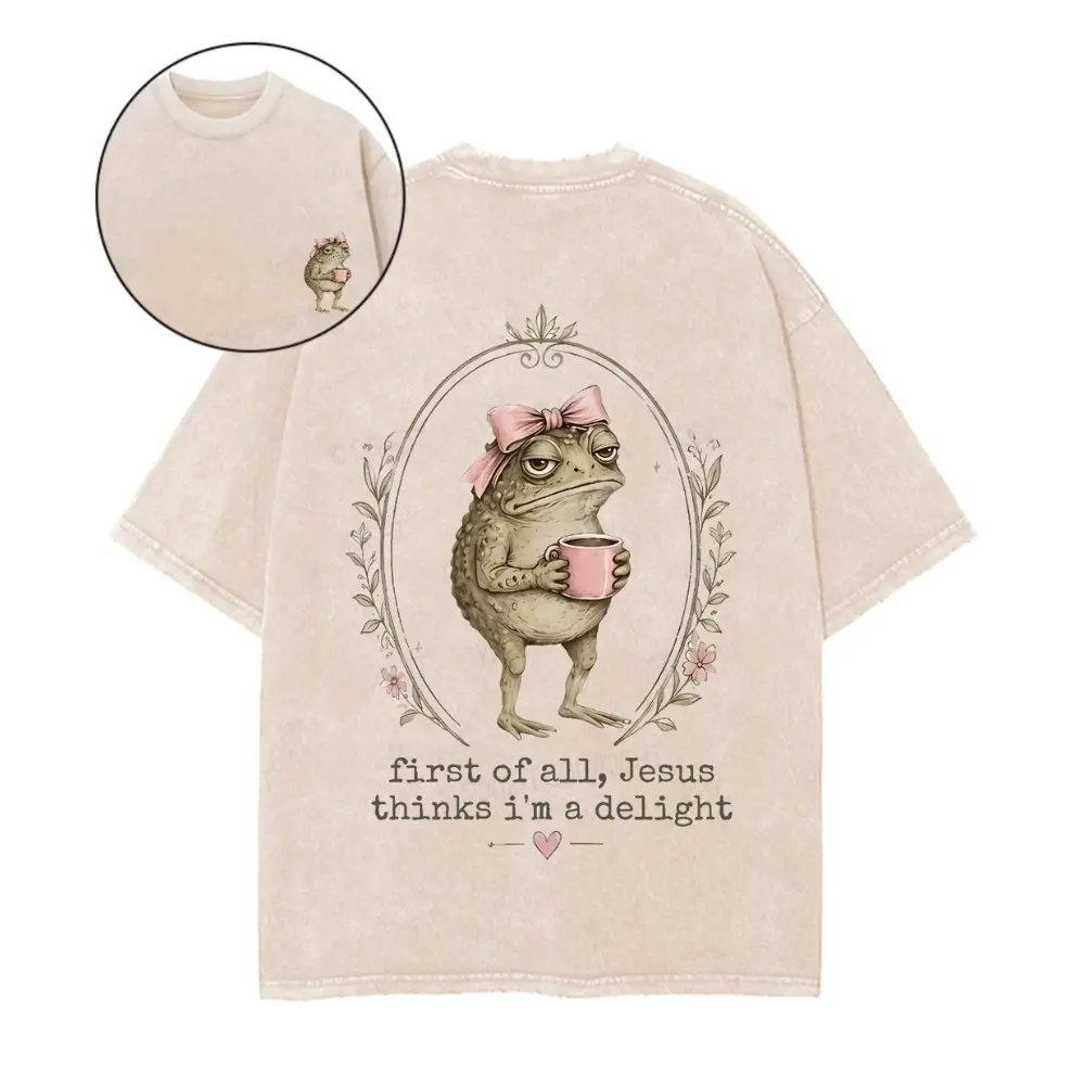 Women's Vintage Graphic Print Round Neck Short Sleeve "First Of All Jesus Thinks I'm A Delight" Boxy T-Shirt - Heavyweight, Oversized, Breathable Retro Look Casual Everyday Frog Tee