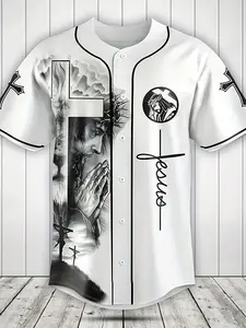 Summer New Classic Prayer Jesus Tech Print Men'S Short Sleeve Baseball Jersey - Stylish Back Wing Design, Polyester Knit Fabric, Button-Up with Black Trim, Perfect for Sports & Casual Wear Jersey Top