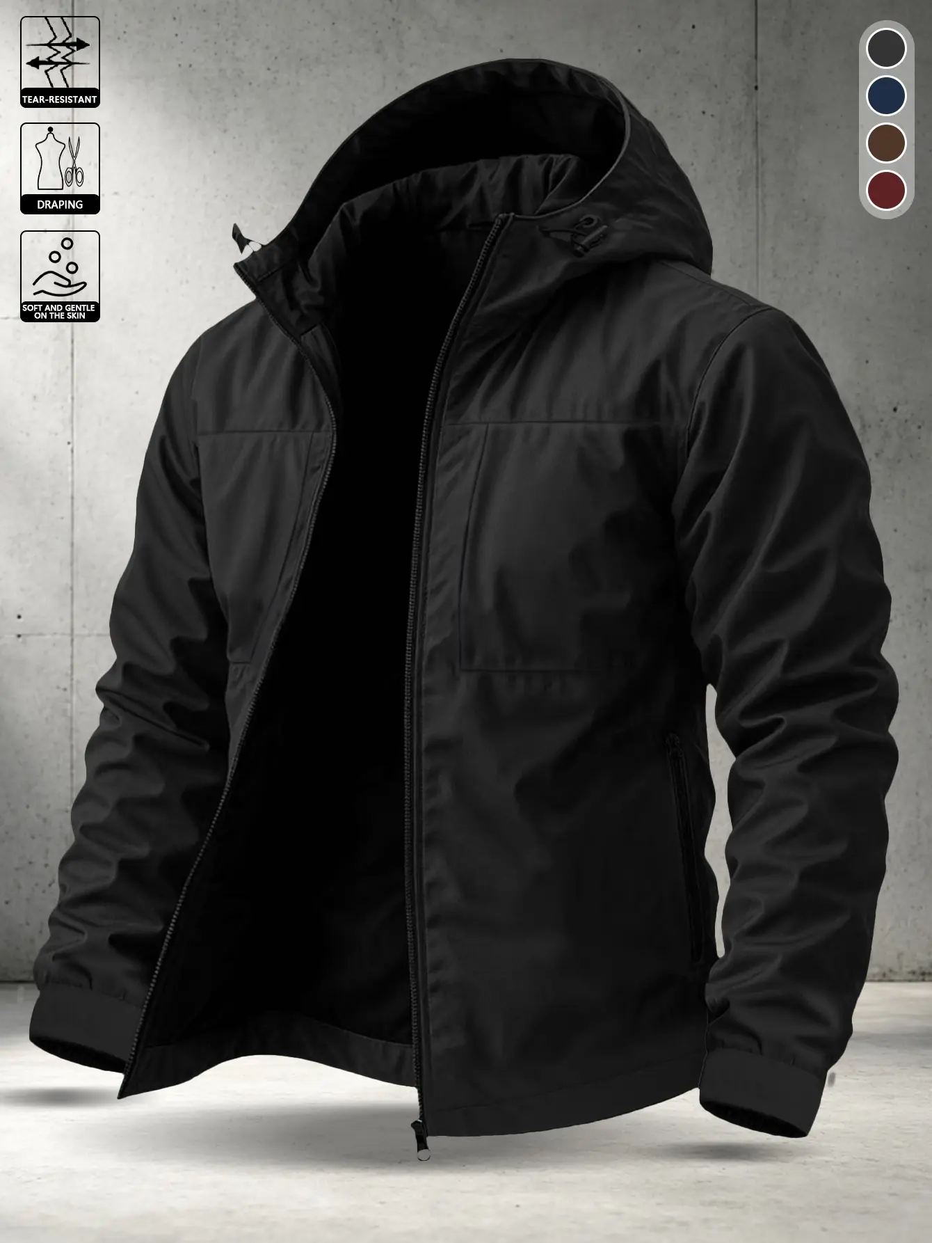 Men’s solid-color hooded softshell jacket made from abrasion-resistant woven fabric, featuring a full-zip design and an adjustable drawstring hood. Suitable for mountaineering, hiking, outdoor camping, fishing, climbing, various outdoor activities, as wel