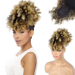 Drawstring Ponytail with Bangs Afro Puff Ponytail Extensions for Women Short Curly Puff Ponytail with Bangs Clip in Wrap Updo Hairpiece for Women (T27)
