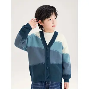 [Boys Sweater] Boys' Cozy Fleece-Lined Cardigan Sweater - Geometric Pattern, Long Sleeve, Button-Up with Turn- Collar, Perfect for Fall/Winter, Kids' Casual Outerwear, Kids Winter Wear|       Geometric Pattern Sweater|       Knitted Texture