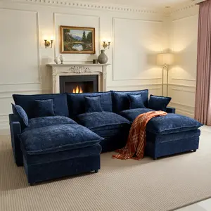 CAODOC Modular Sectional Sofa, U Shaped Cloud Couch with Movable Ottoman, Comfy Chenille Deep Seat Sofa with Throw Pillows, 3 Seat Modern Couches for Living Room Bedroom Apartment