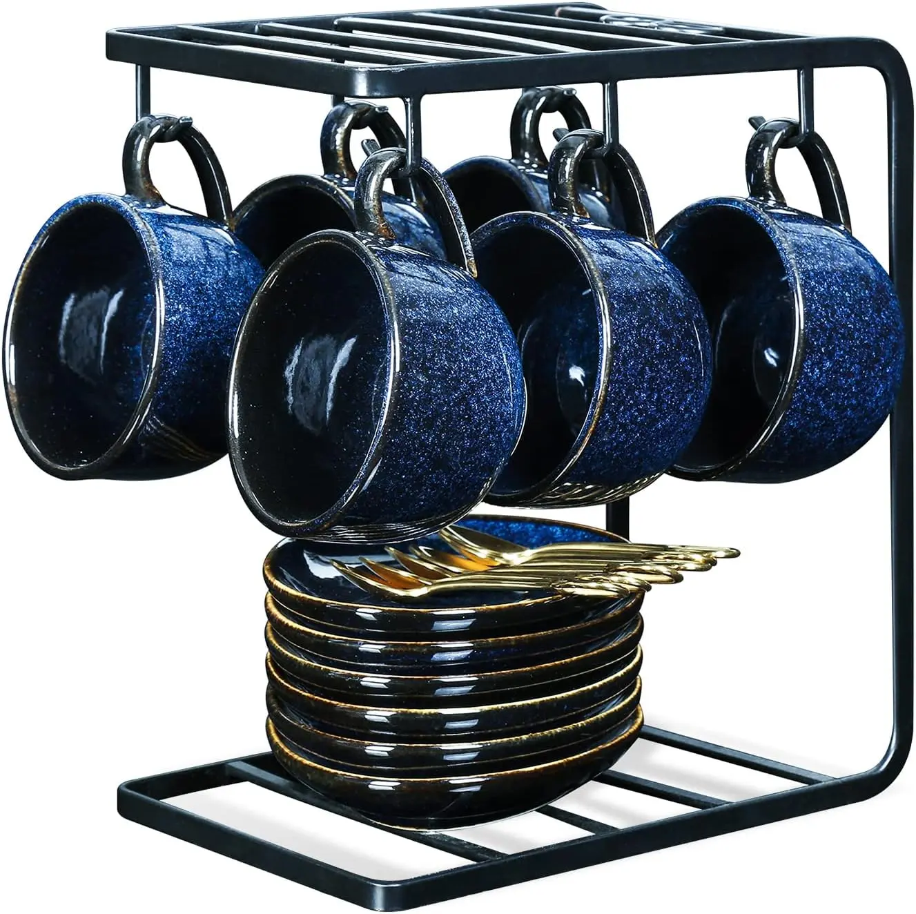 Ceramic Espresso Coffee  Set 4 oz Porcelain Espresso  with Spoons Saucers and Metal Stand for Cafe Tea Cappuccino Latte - Set of 6 - Blue ,Drinkware , Mug ,Tumblers
