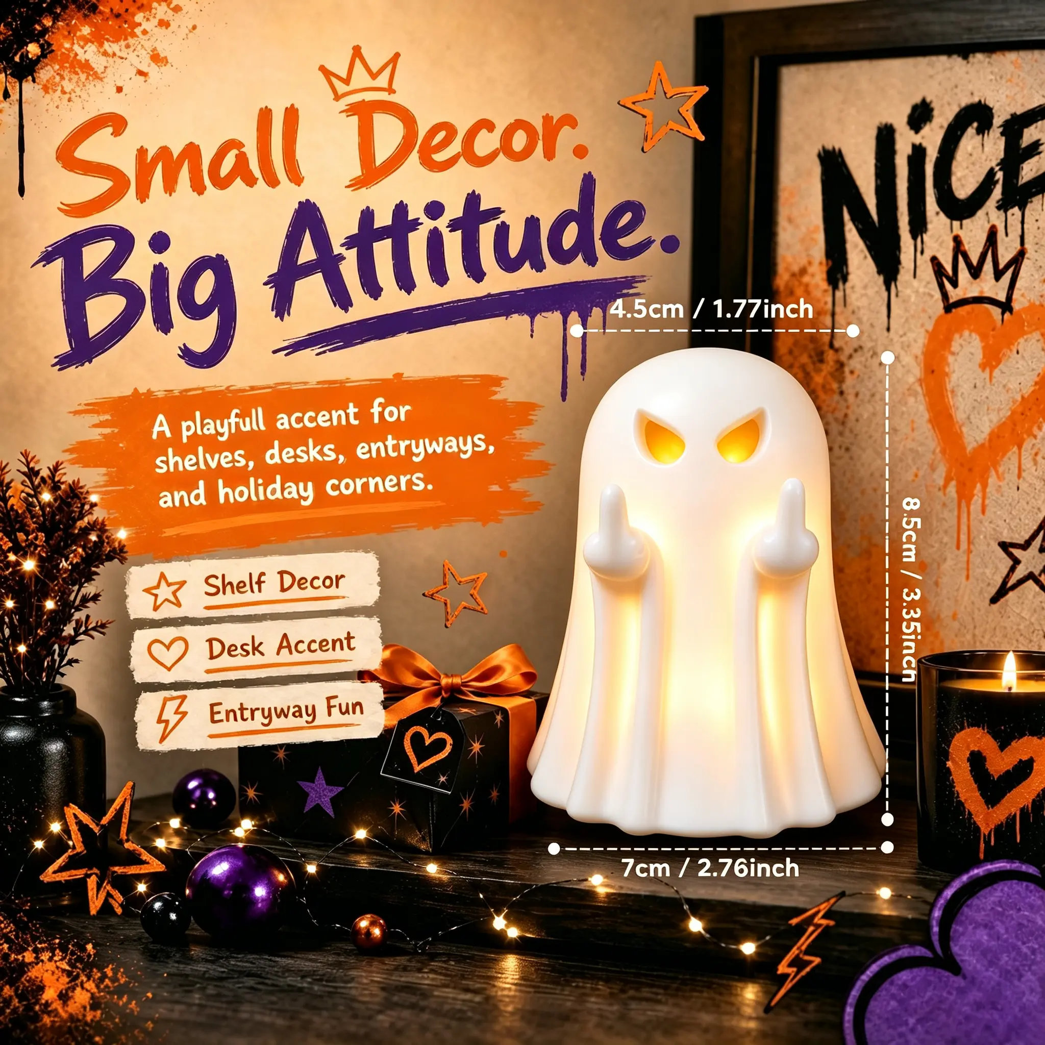 Halloween Light Up Ghost Figurine,2.76*3.35inch Cute Spooky Ghost Statue,Halloween Ghost Figurines Decorations Indoor for Home, Office, Desk Decor, Cute Ghost Decor Home Decor Indoor(1 Pc)