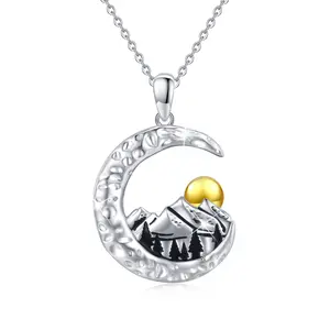 Mountain Necklace 925 Sterling Silver Moon and Sun Pendant Necklace Mountain Pendant for Mountain Jewelry Gift for Women Girls Hikers Climbers Mountain Lovers