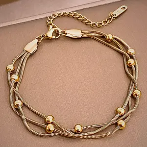 18K Gold Plated Snake Chain Bracelet – Adjustable Stainless Steel Bead Bracelet for Women, Vintage Luxury Jewelry