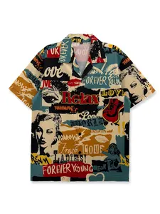 Printed Shirt, Fitted, Vintage Style, Street Hip Hop, Graffiti Wind, Vacation Shirt, Casual Fashion, Artistic Design, Short Sleeve, Hawaiian Clothing